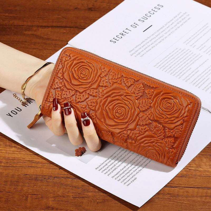 高档牛皮立体压花长款拉链钱包手包男女通用大容量大钞钱夹放手机