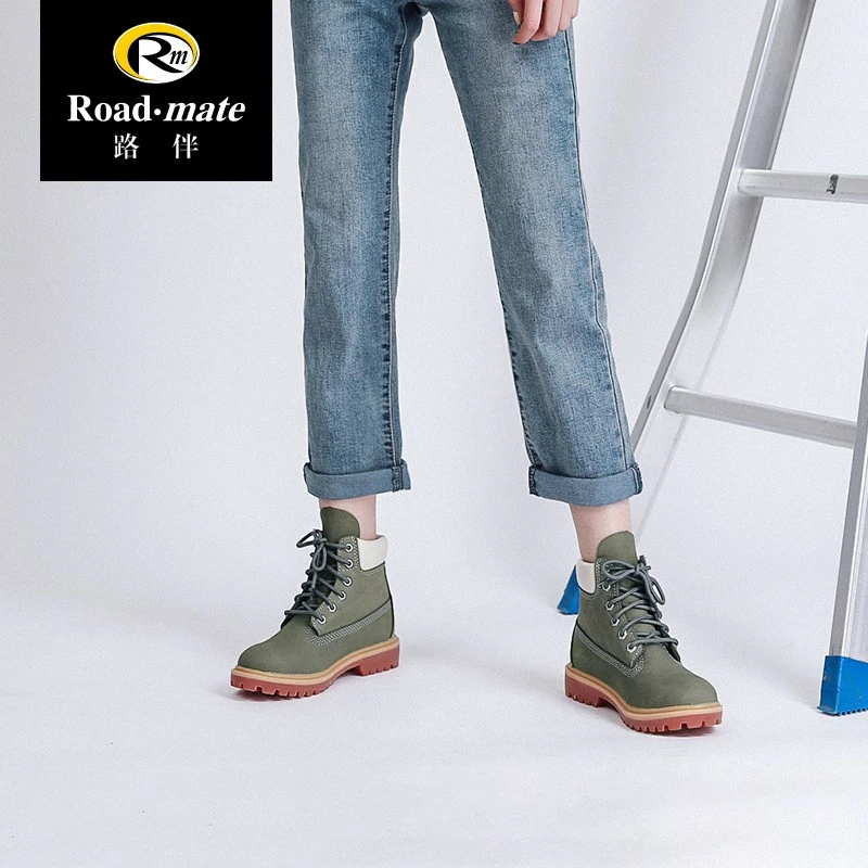 路伴女鞋头层牛皮工装鞋户外大黄靴潮流ins百搭高帮磨砂皮靴子