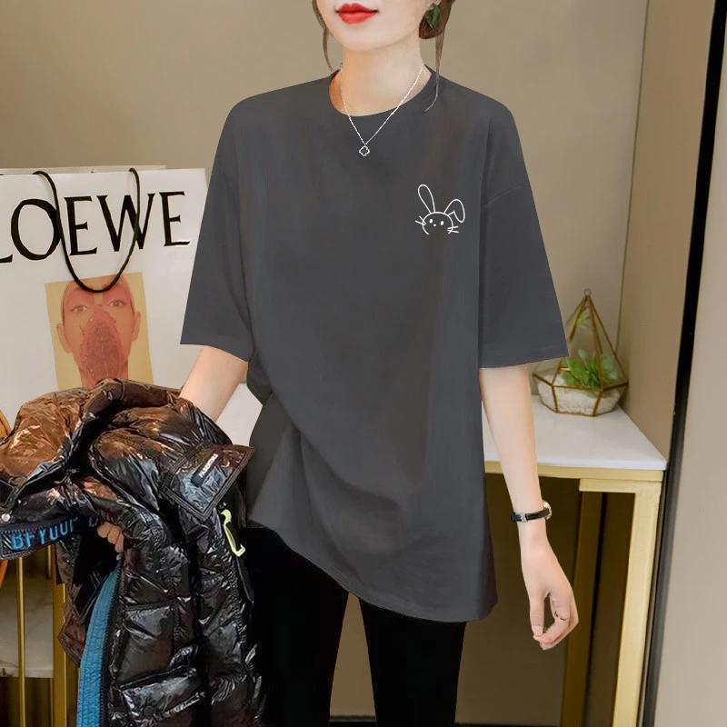 灰色中长款宽松棉质短袖T恤女欧货大版夏季新款过臀大码上衣ins潮