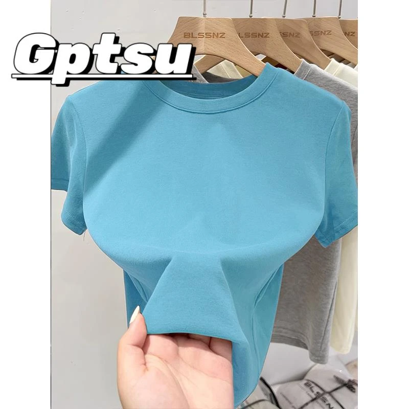 GPTSu湖蓝色夏日多巴胺别致上衣女装高品质纯色基础款打底短袖t恤