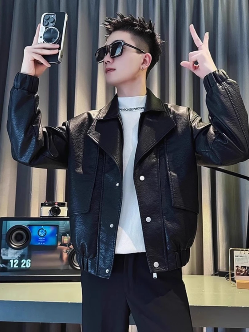 港风男翻领秋冬短款ins男士秋季菱形格皮衣皮衣男款爆款2025新款