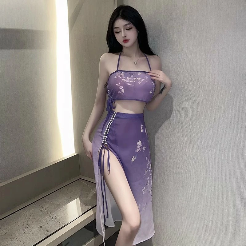 无袖紫色碎花女常规款长裙睡衣气质辣妹纯欲风8071性感复古裙子