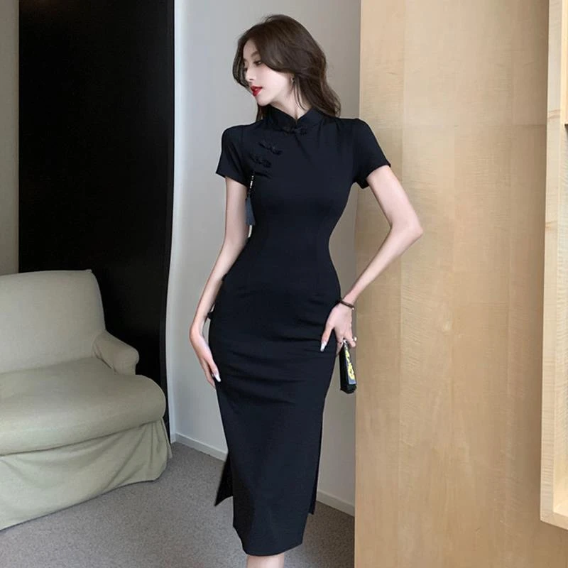 性感开叉修身A字中长裙子女2025春秋新款黑色复古改良旗袍连衣裙