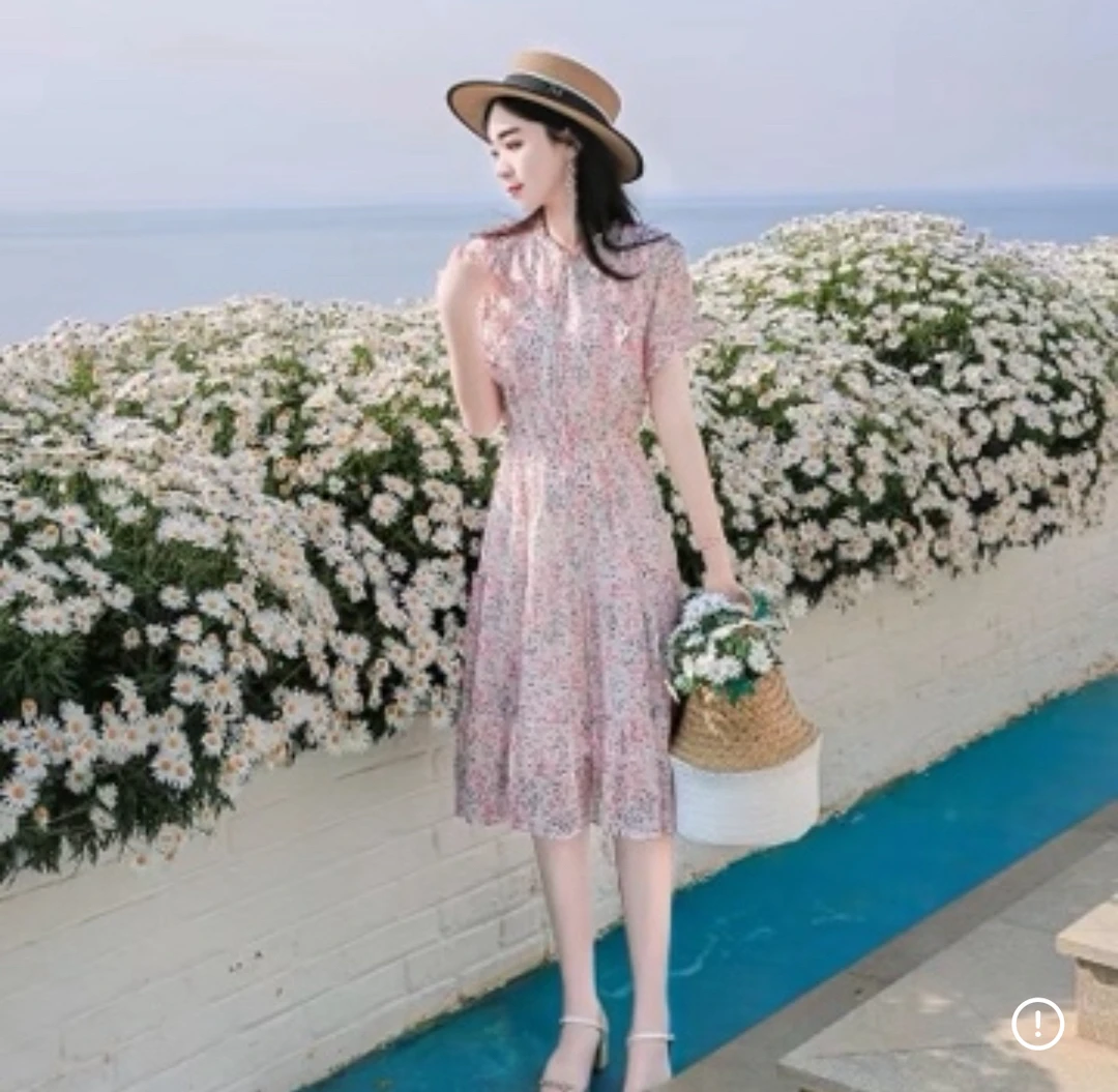 夏季清仓中长款碎花雪纺气质收腰款连衣裙