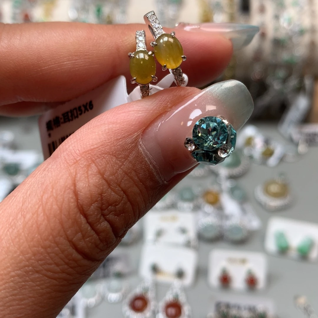 翡翠戒指银S925镶嵌耳钉