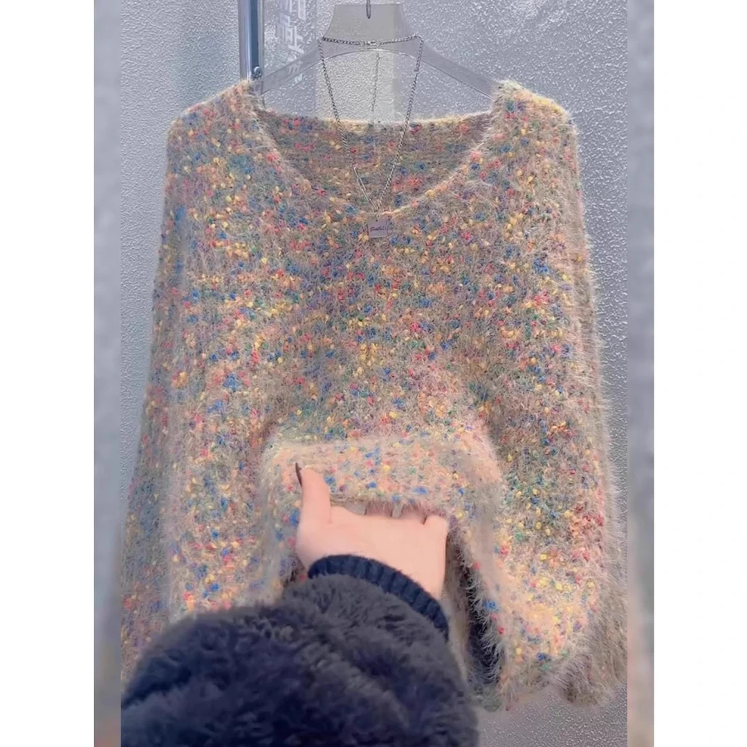 慵懒风高级感彩色点点毛衣女2024秋冬V领套头短款加厚上衣针织衫