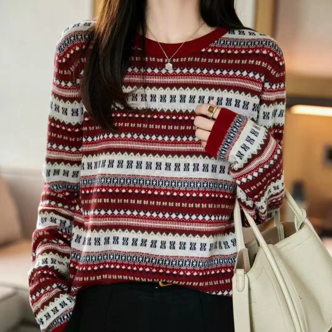 【刘营专属】爆款费尔岛重工提花加厚宽松版圆领撞色套头衫