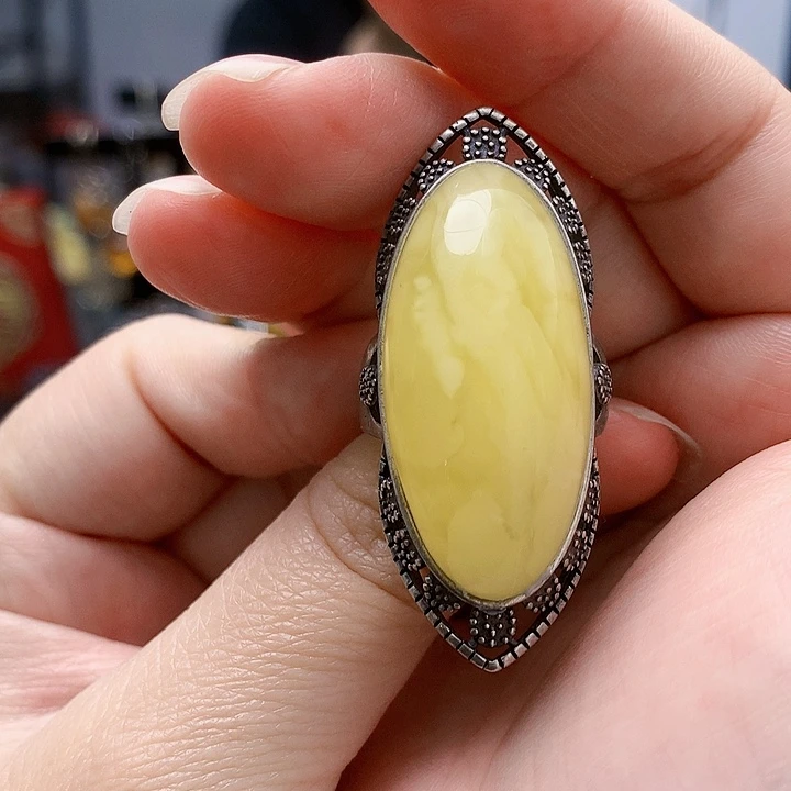 琥珀裸石银S925镶嵌戒指