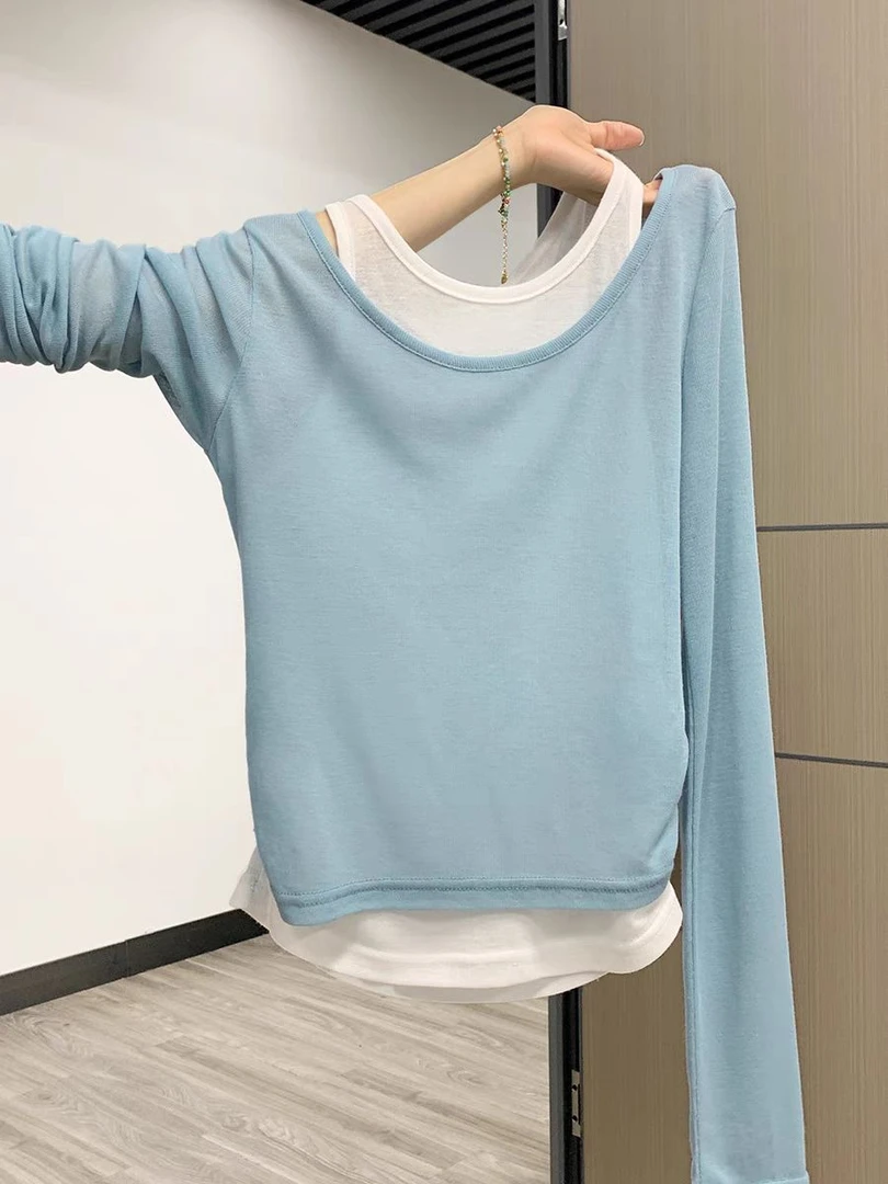 假两件撞色拼接长袖t恤女春夏新款褶皱收腰修身内搭百搭显瘦上衣