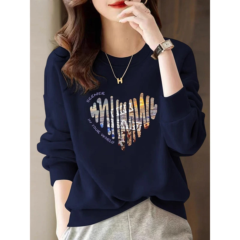 宝蓝色圆领卫衣女2025秋冬新款韩系减龄宽松显瘦长袖套头无帽上衣