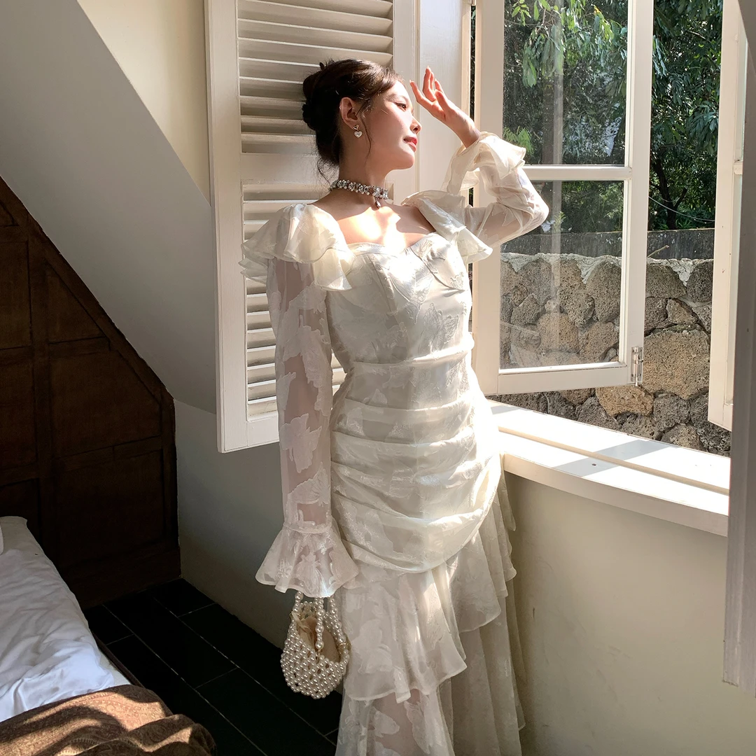 MB大码女装【绮梦凡尔赛】宫廷风复古不规则提花荷叶边方领连衣裙
