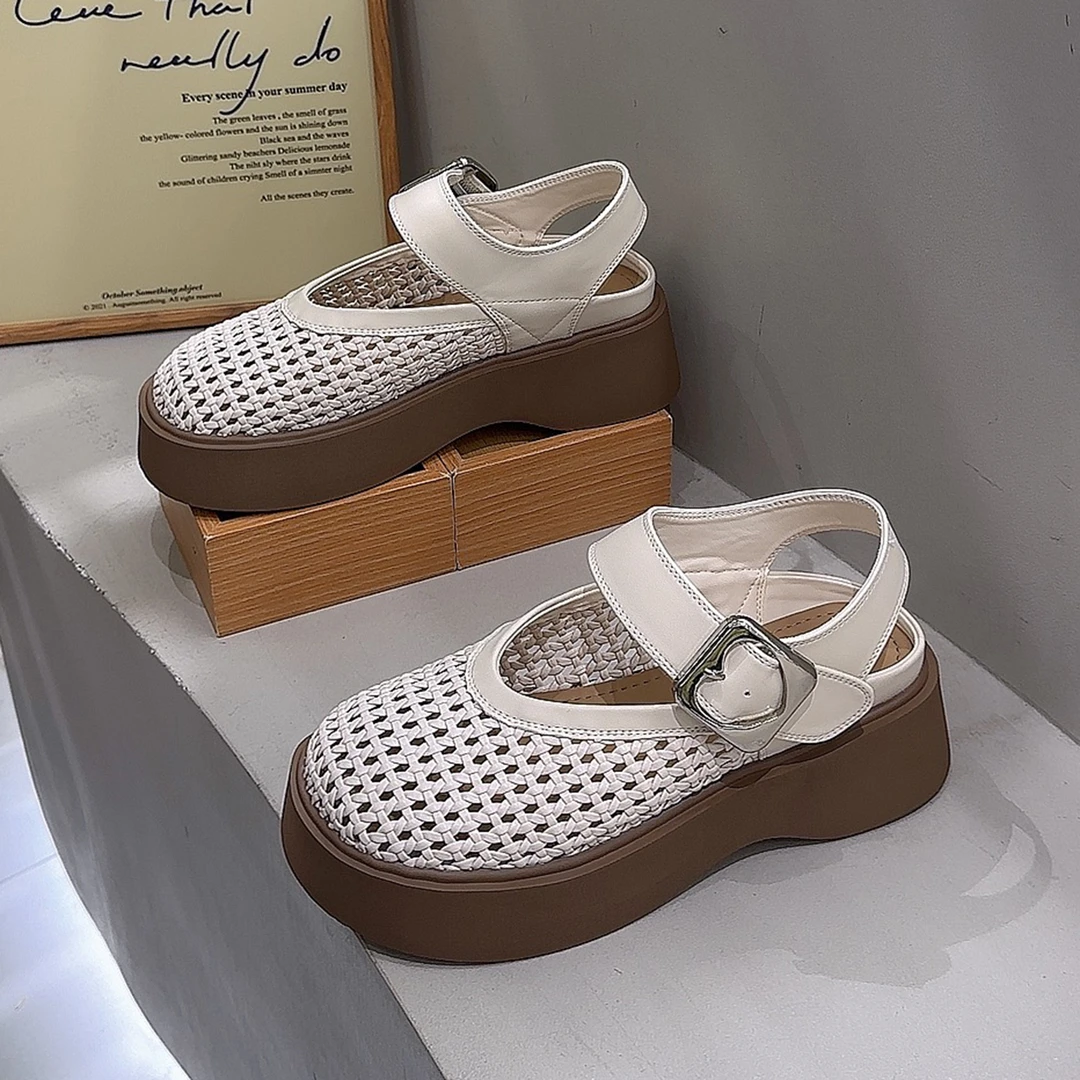 编织镂空透气厚底包头凉鞋女2025新款魔术贴后空休闲罗马玛丽珍鞋