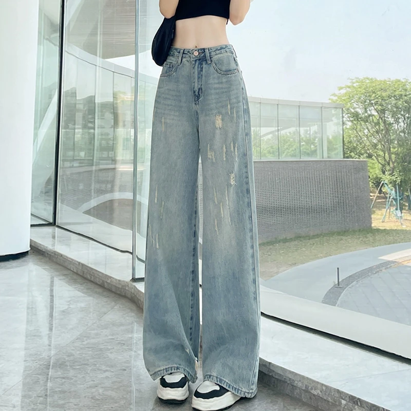 破洞阔腿牛仔裤女秋季2025新款设计感磨破高腰宽松显瘦直筒拖地裤
