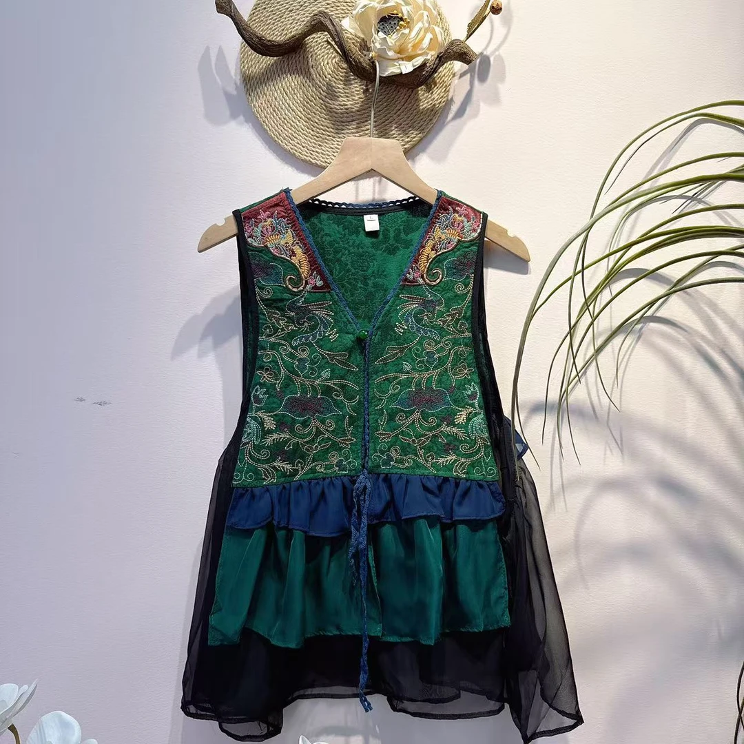 民族风国风V领手工盘扣重工刺绣短款开衫气质百搭马甲上衣8026