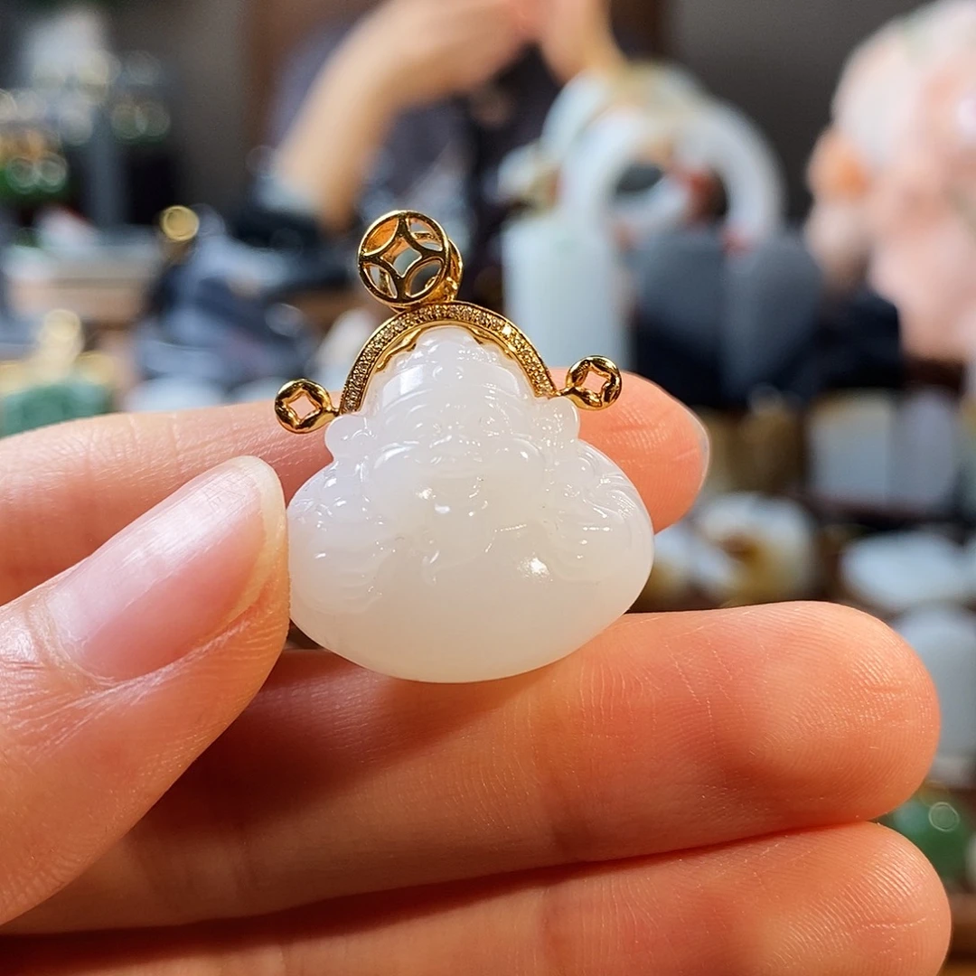 和田玉（白玉）18K金镶嵌吊坠(不含链)T