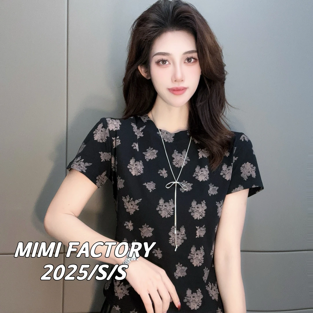 2025夏季新款 欧货满印花朵短袖T恤女修身显瘦时尚百搭5197#