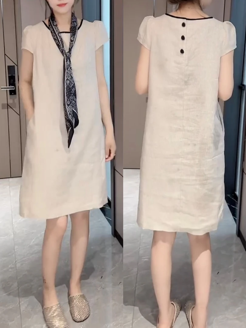 夏季新款薄款轻奢时尚洋气减龄荷花袖棉麻连衣裙宽松显瘦中长裙