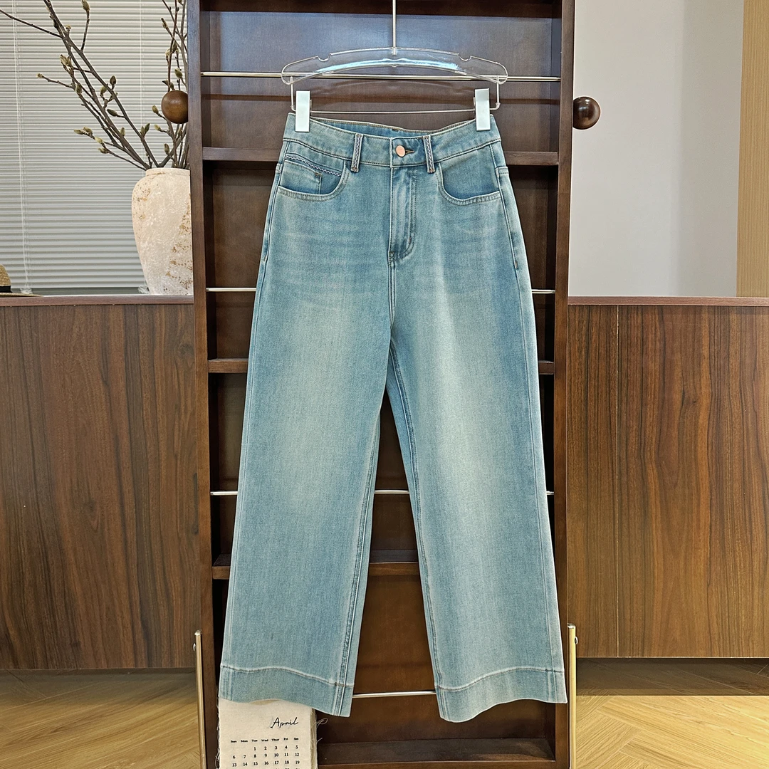 [风信紫]春夏季四面弹显瘦九分裤内里来去缝直筒裤百搭刺绣牛仔裤