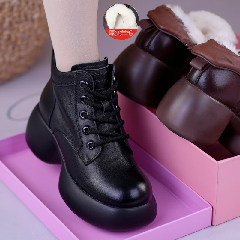 冬季新款真皮厚底马丁靴女复古松糕软底系带短靴加绒羊毛保暖棉靴
