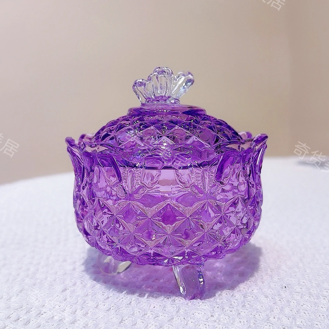 轻奢高脚蝴蝶浮雕首饰盒带盖烟灰缸糖果罐收纳罐玻璃高12cm宽10cm