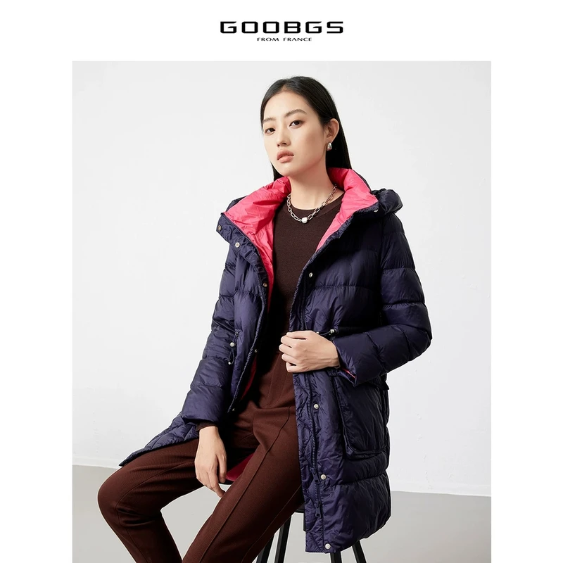 谷邦GOOBGS 蓝色连帽束腰中长款羽绒服 G2465044