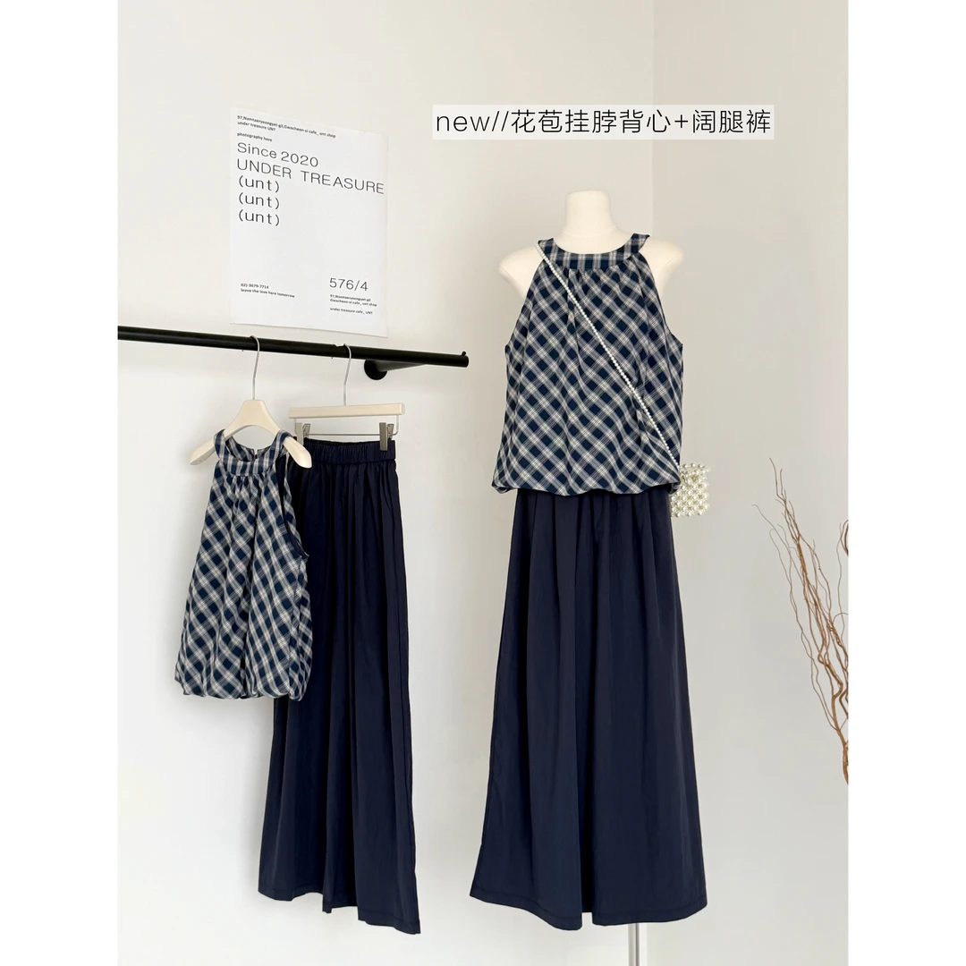 复古蓝白格子蓬蓬挂脖圆领无袖上衣独特设计显瘦百搭背心女夏