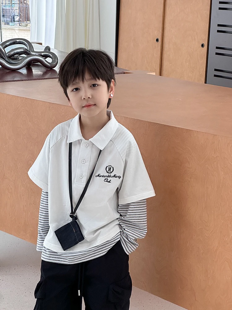 拉萨发货 男童春夏拼接条纹假两件POLO衫中大童时尚叠穿刺绣T恤潮