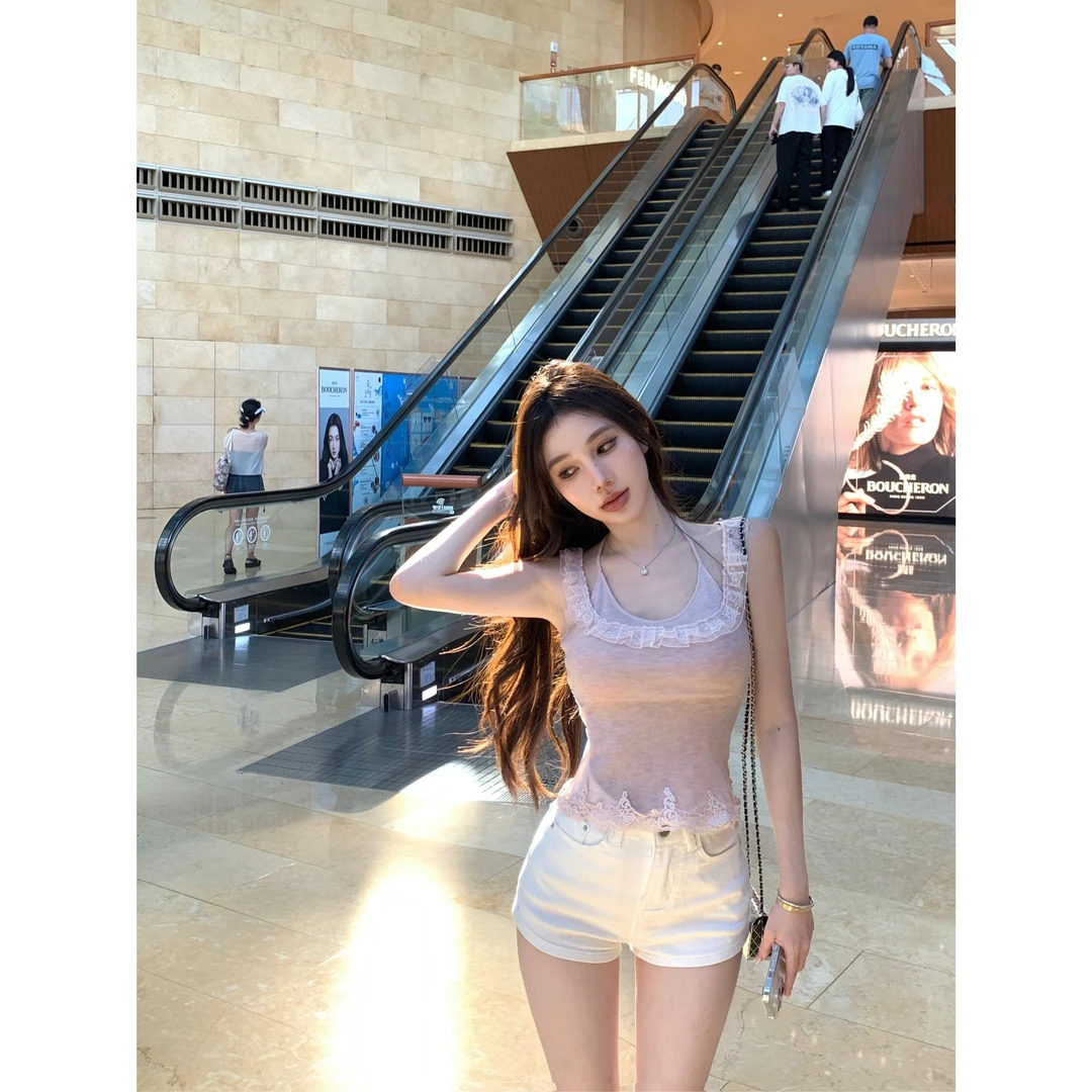 实拍 蕾丝花边假两件挂脖背心吊带女修身上衣