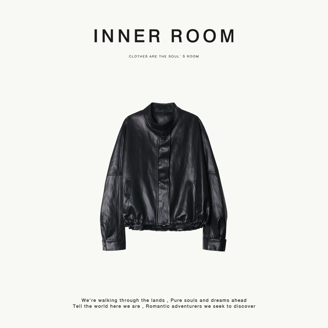 INNER ROOM立领老钱油蜡皮衣外套黑色宽松长袖上衣外套女春