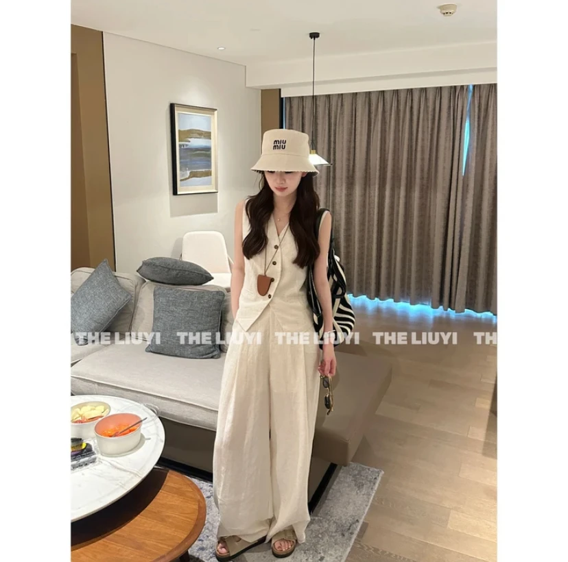 正品2025夏季亚麻老钱风套装女v领无袖背心夏季阔腿裤两件套2562