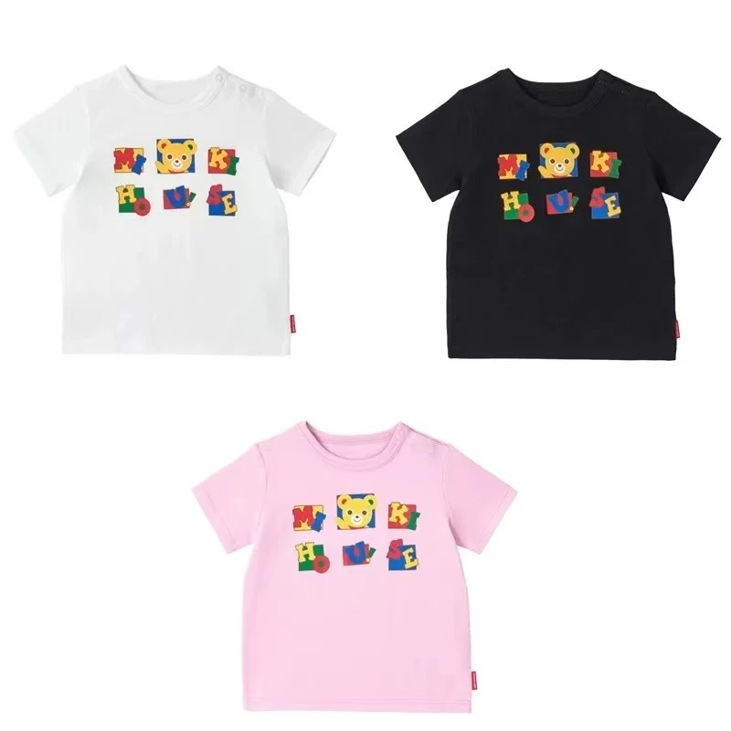 日系三色摆手熊夏季纯棉短袖圆领T恤儿童