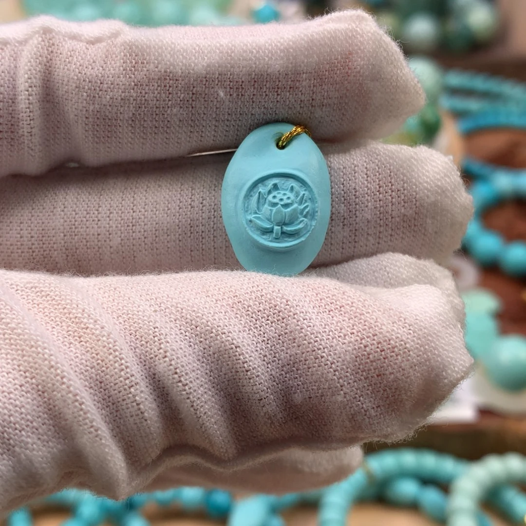 绿松石未镶嵌珠宝奇石高瓷蓝莲花小坠子12.7*18.5mm