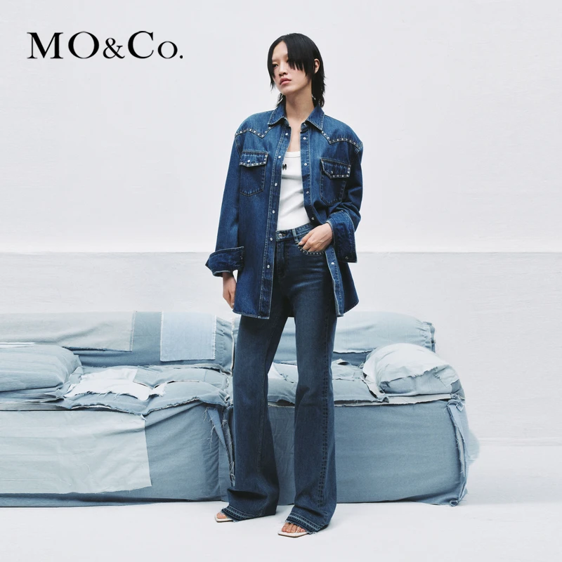 【诗语专属】MOCO秋华丽摇滚钻饰宽肩蓝色牛仔外套丹宁风MBC3JKTT12