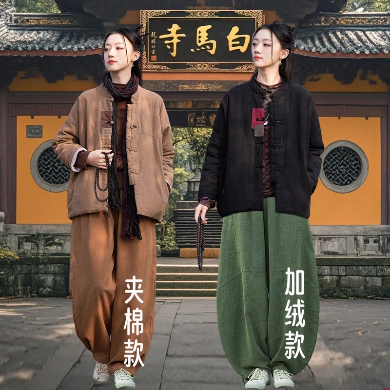 秋冬禅意佛系女装棉麻补丁外套寺院拜佛素衣禅修居士服夹棉厚棉衣