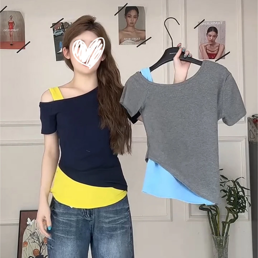 韩系chic别致穿搭上衣女独特设计感假两件斜肩显瘦短袖t恤