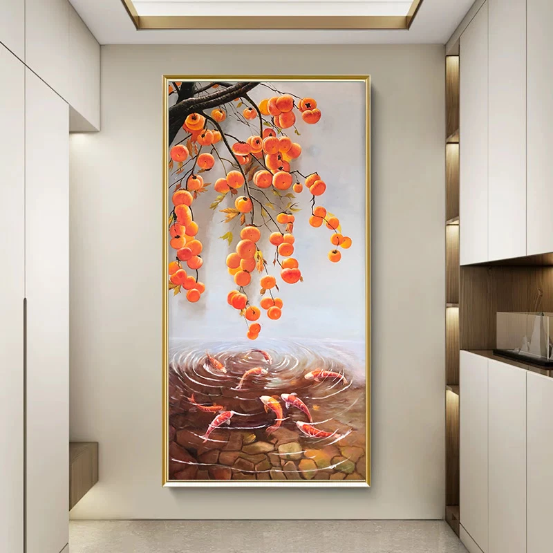 事事如意柿子画手工入户玄关装饰画走廊过道壁画现代新中式