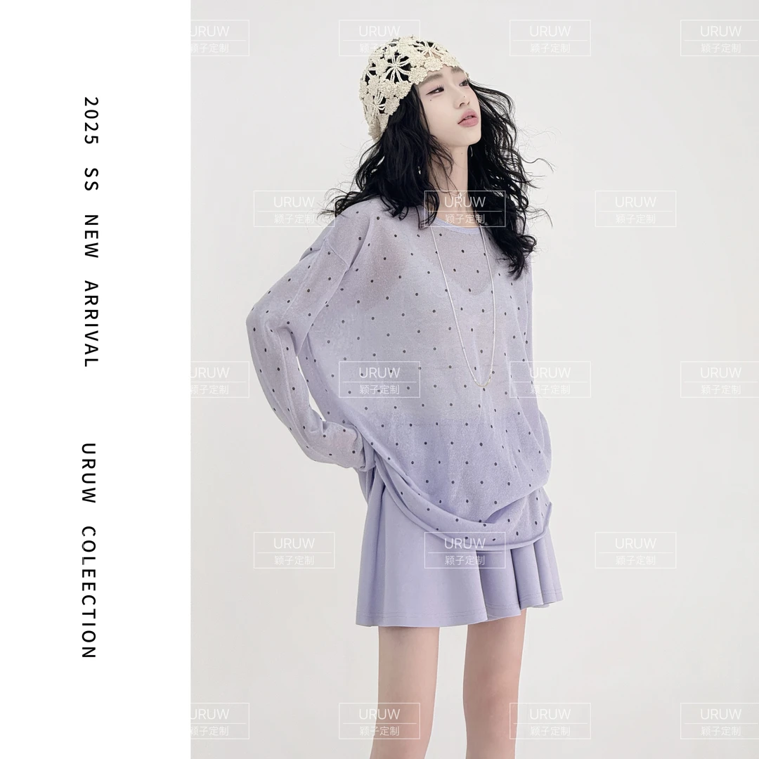 【时光画布】慵懒风宽松微透波点针织上衣时尚百搭长袖针织衫 9058