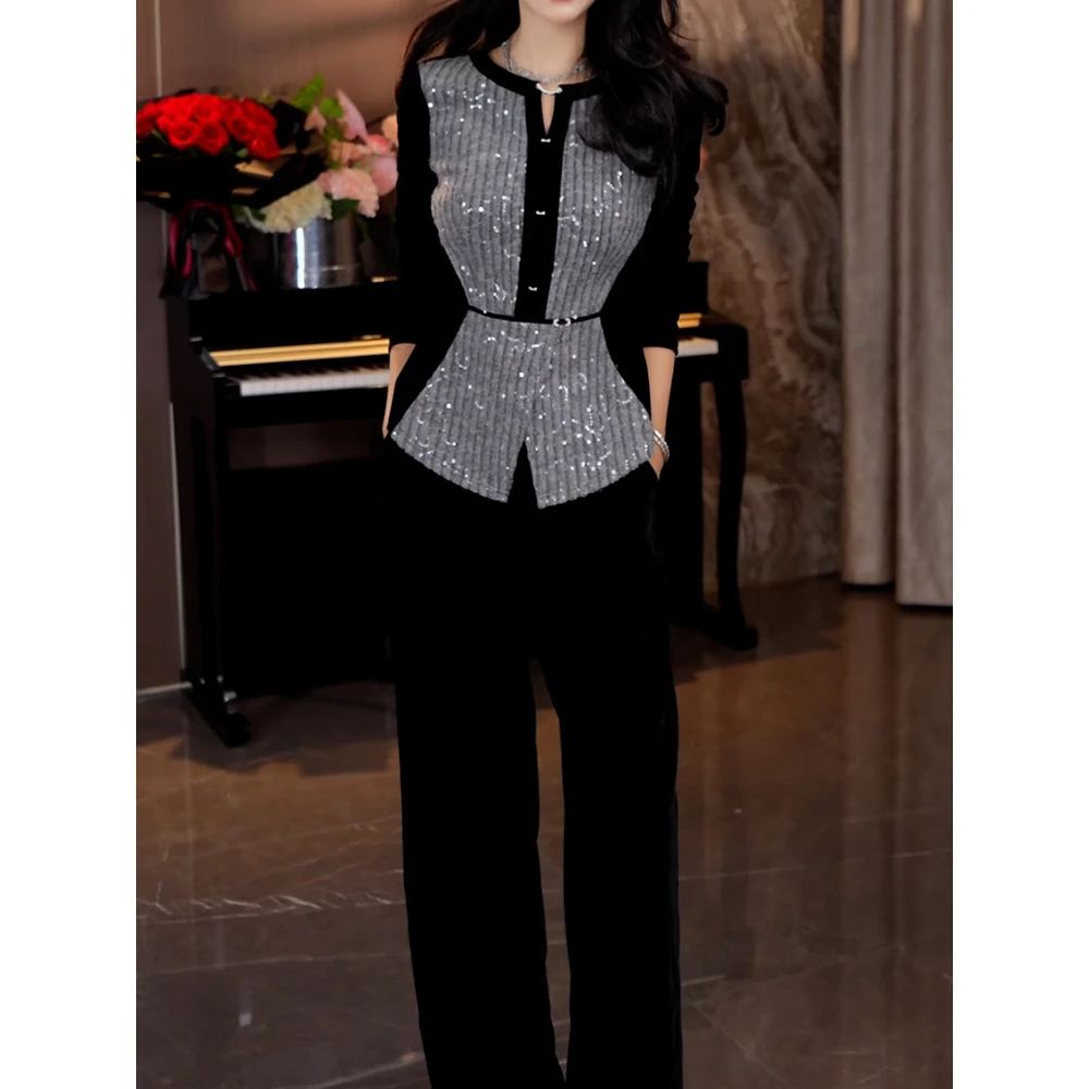 时尚洋气丝绒裤套装2025秋季新款韩系拼接收腰显瘦衬衫+纯色裤子