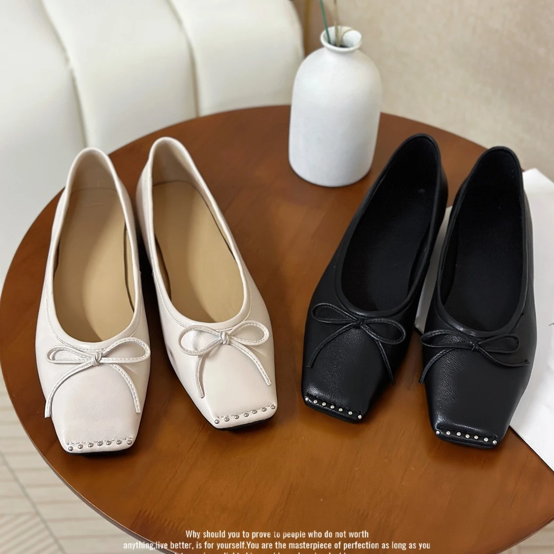 2025新款方头真皮舒适百搭浅口平底单鞋女鞋圆头秋季休闲皮鞋