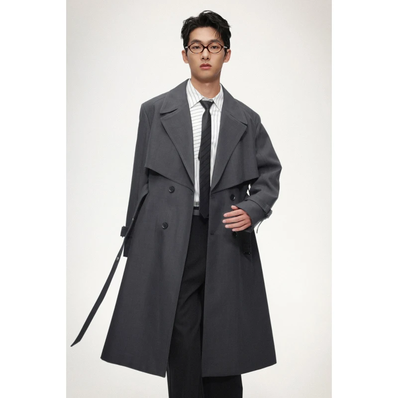 【飘带】春秋季百搭英伦风韩版翻领风衣男士时尚休闲中长款外套HF1S