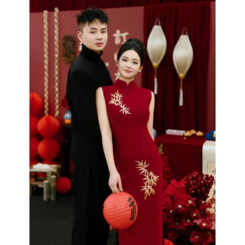红色旗袍敬酒服结婚当天新娘便装回门新中式订婚宴礼服无袖女夏季