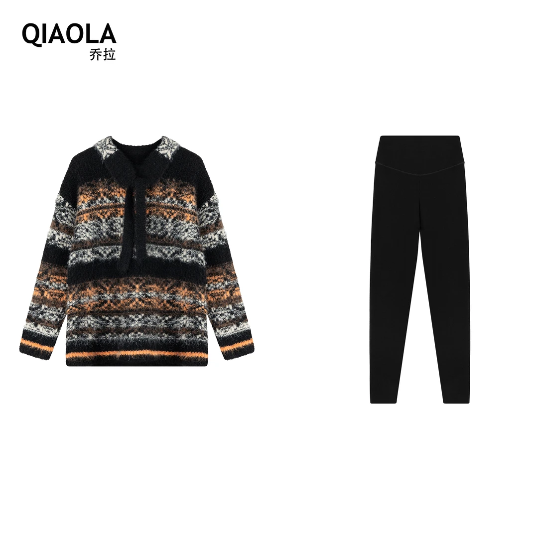 QIAOLA/乔拉【北欧精灵】秋冬仿马海毛条纹翻领芭比裤慵懒时尚套装