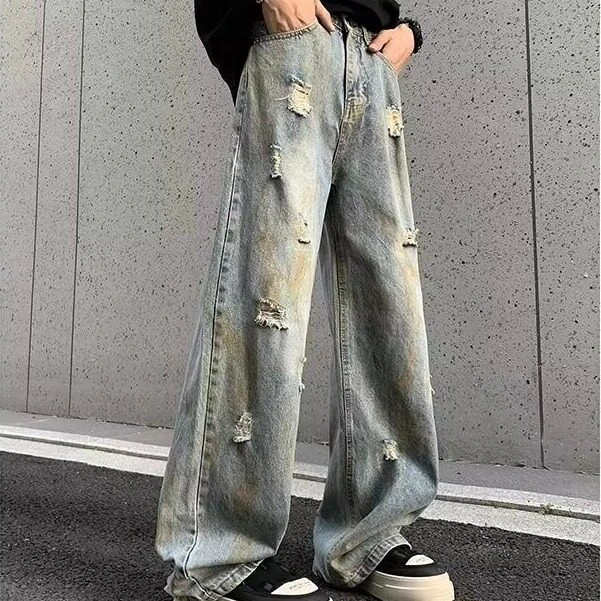 美式水洗做旧牛仔裤男士夏季高街复古宽松垂感休闲百搭裤子