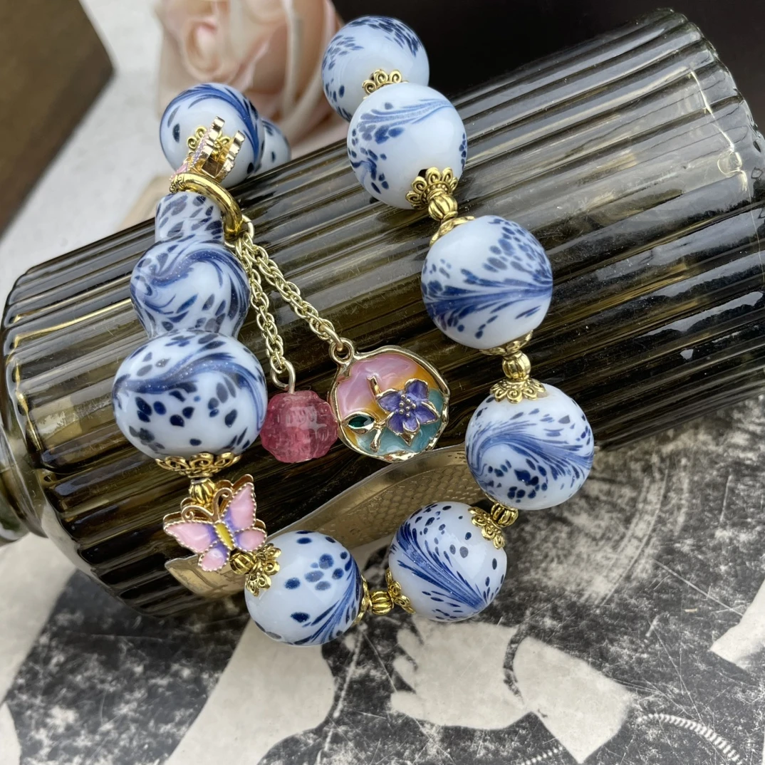 铜合金琉璃项链 凤尾老琉璃葫芦项链手工蓝色时尚百搭复古气质