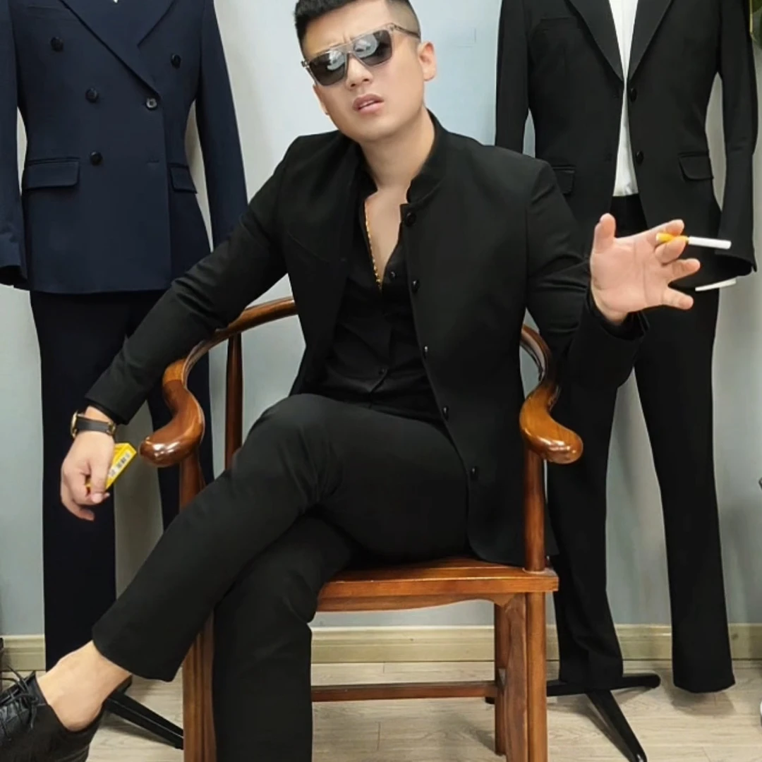 Z660男士高端痞帅中山装韩版修身弹力立领新中式西服