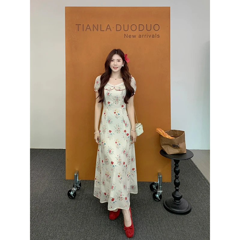 【波妮达】甜辣多多2025夏季新款蕾丝拼接碎花复古高腰方领连衣裙女