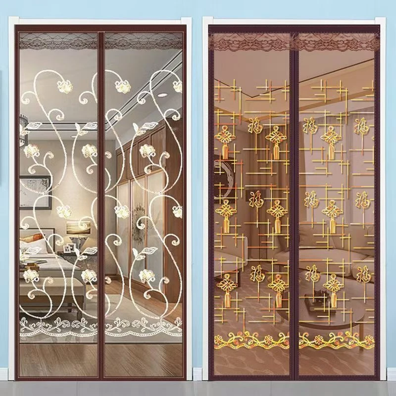 高档免打孔金刚网夏季防蚊门帘软纱刺绣防蚊虫室外磁吸粘贴门帘子