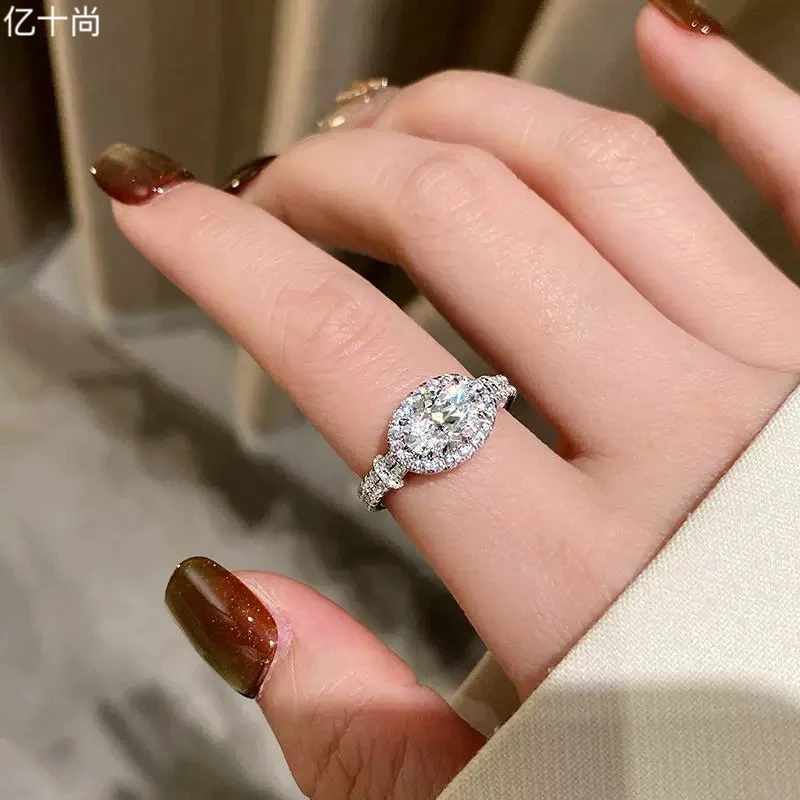 925银莫桑石戒指 GRYSS 横椭圆白钻银戒指不掉色高奢时尚大气MYCY