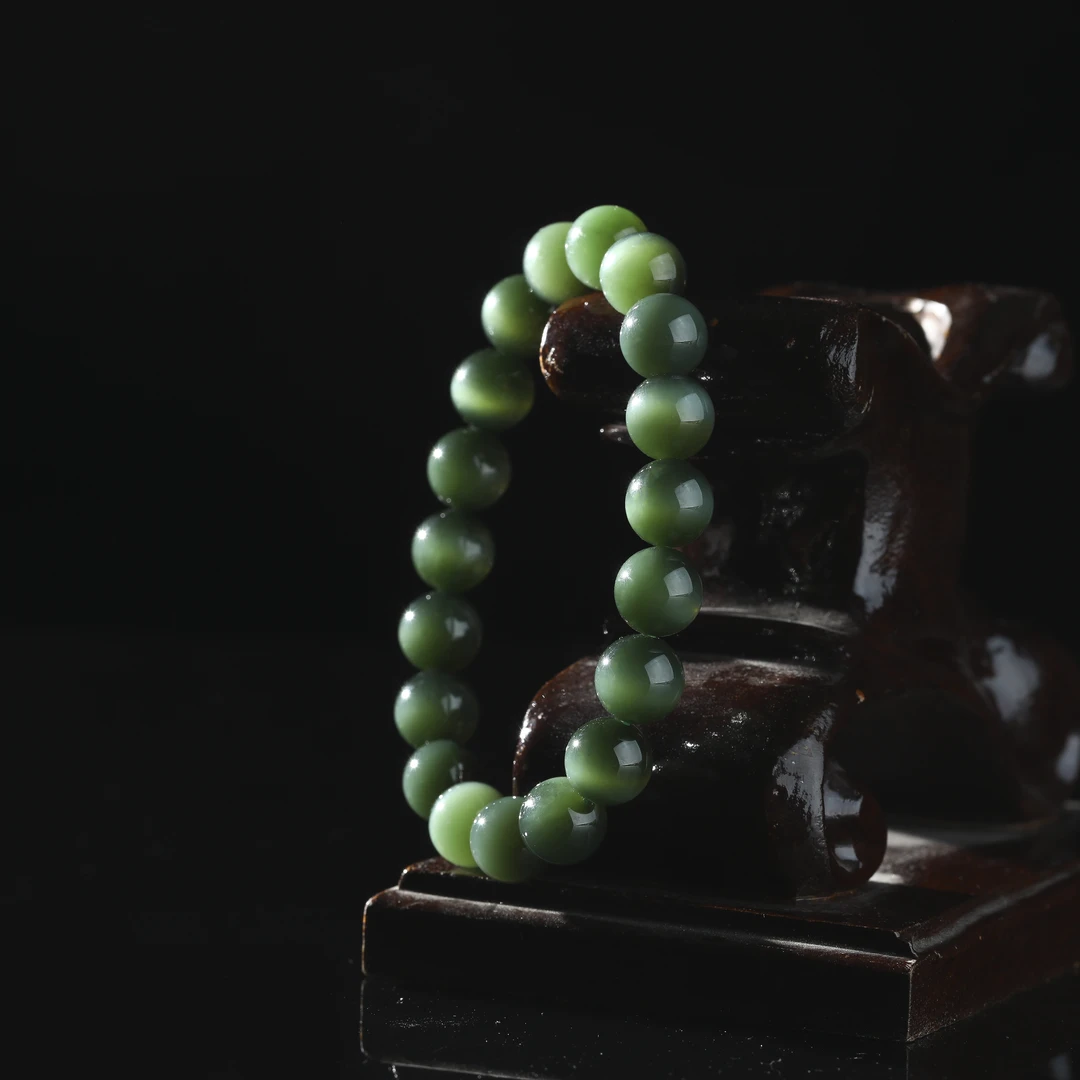 【大国非遗】俄料和田玉黑猫眼碧玉单圈素珠手串9-10mm30-31g 38590