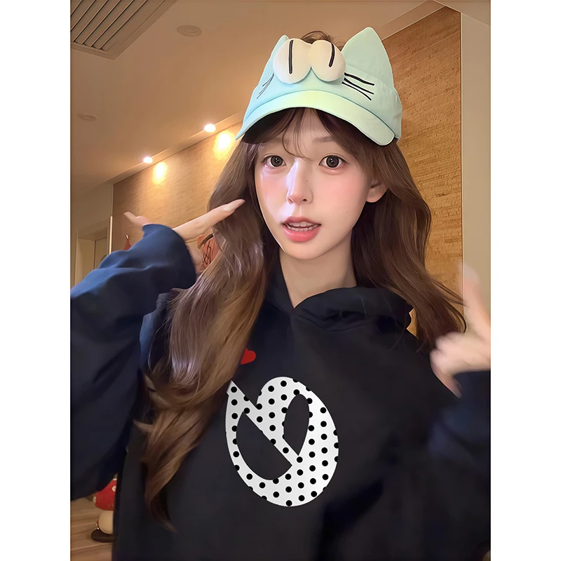 美式复古新款印花波点e字母连帽卫衣春秋潮牌宽松情侣休闲上衣